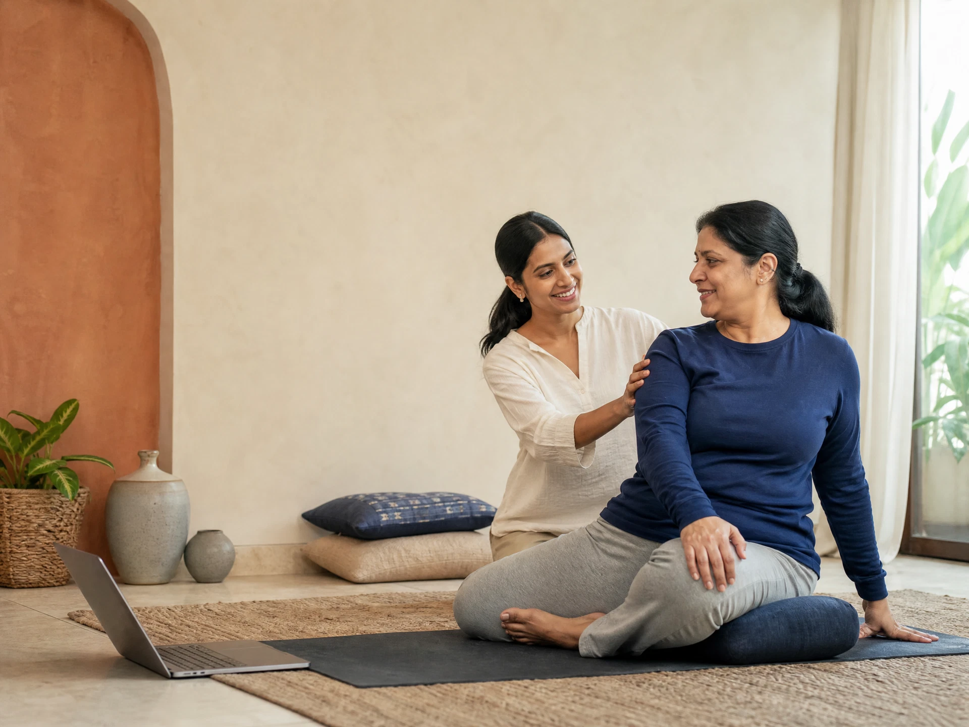 Instructor supporting a therapeutic yoga student