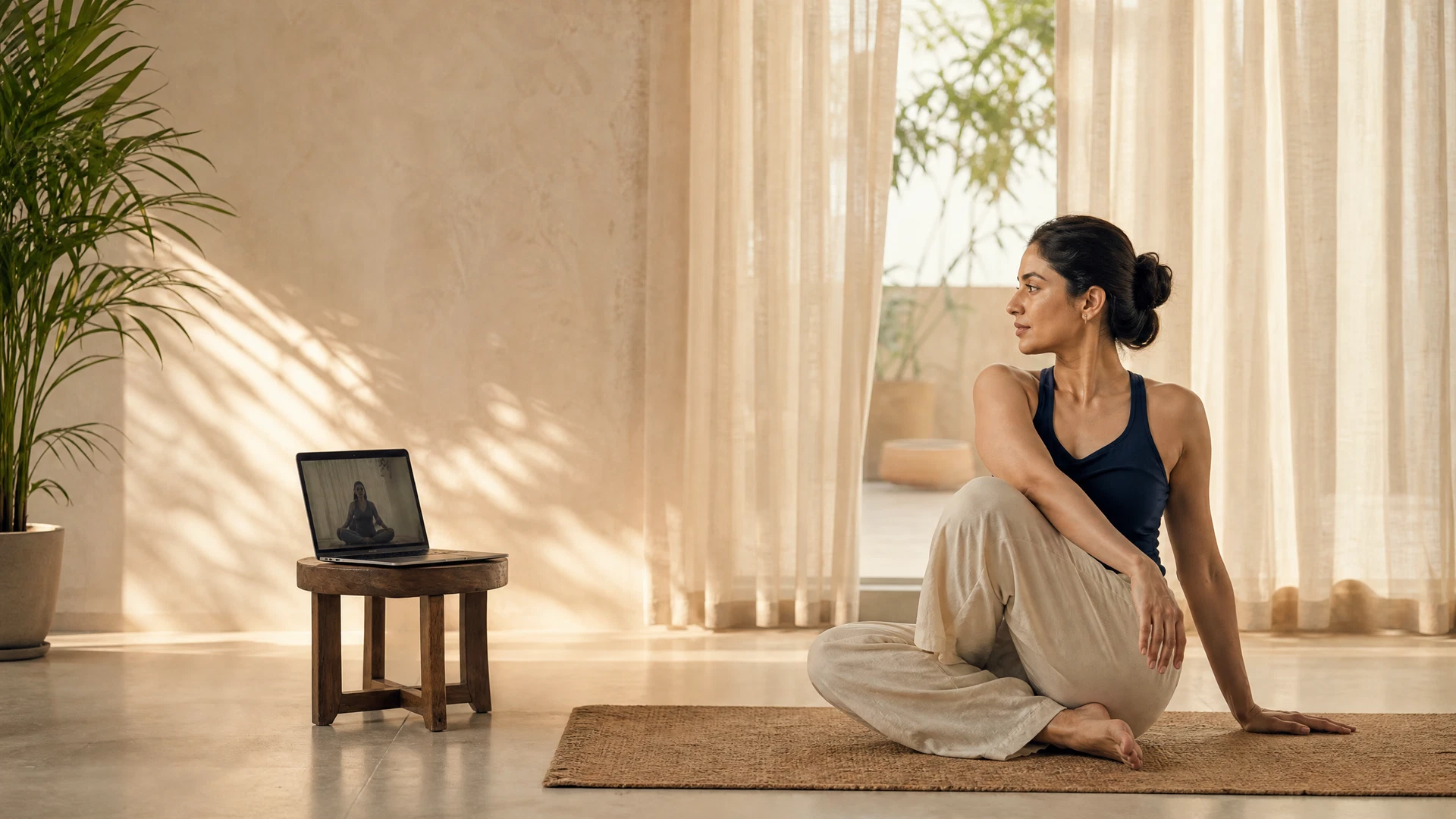 Woman practising online yoga at home
